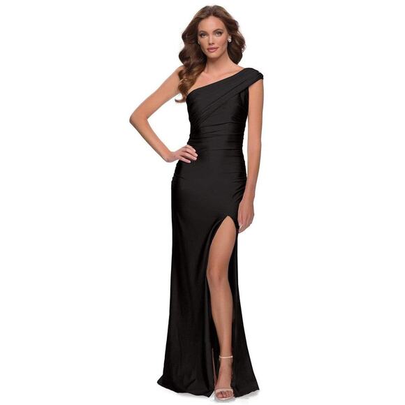 NWT La Femme One-Shoulder Shiny Jersey High Slit Black Maxi Gown Size 14